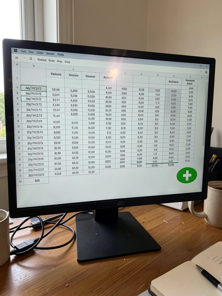 Tela de computador exibindo planilha de fluxo de caixa com colunas de entradas e saídas em tons de verde e vermelho.