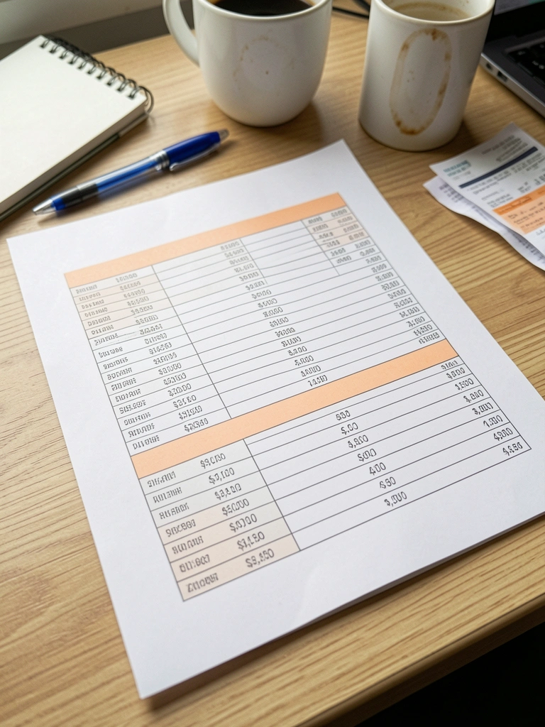 Caderno aberto com anotações à mão, calculadora e caneta sobre mesa de madeira.