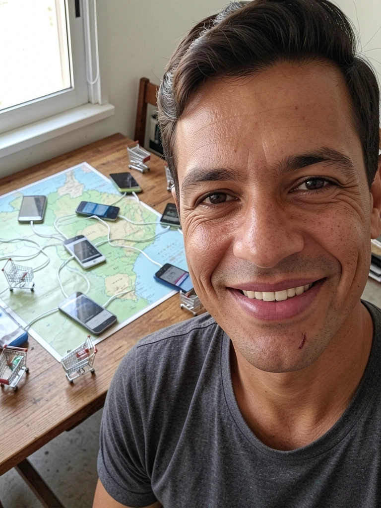 Mapa do Brasil formado por ícones de celulares conectados e carrinhos de compra sobre fundo neutro