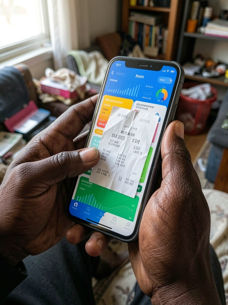 Mãos segurando um celular com aplicativo de finanças aberto sobre uma mesa com caderno e anotações
