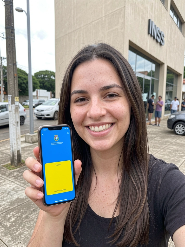 Mão segurando celular com aplicativo Meu INSS aberto, prédio do INSS ao fundo