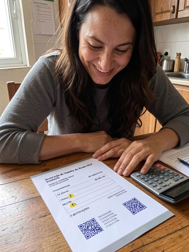 Pessoa analisando documentos e calculadora em uma mesa