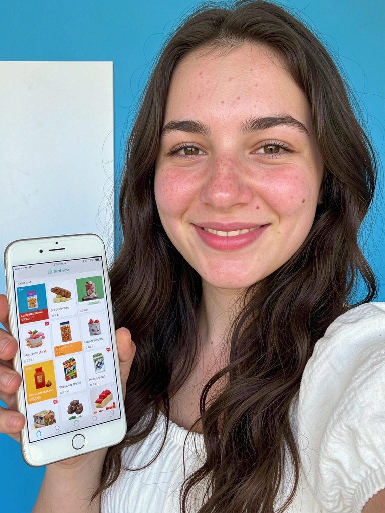 Celular sobre mesa clara exibindo vitrine de produtos de loja de influenciador, com itens ao redor