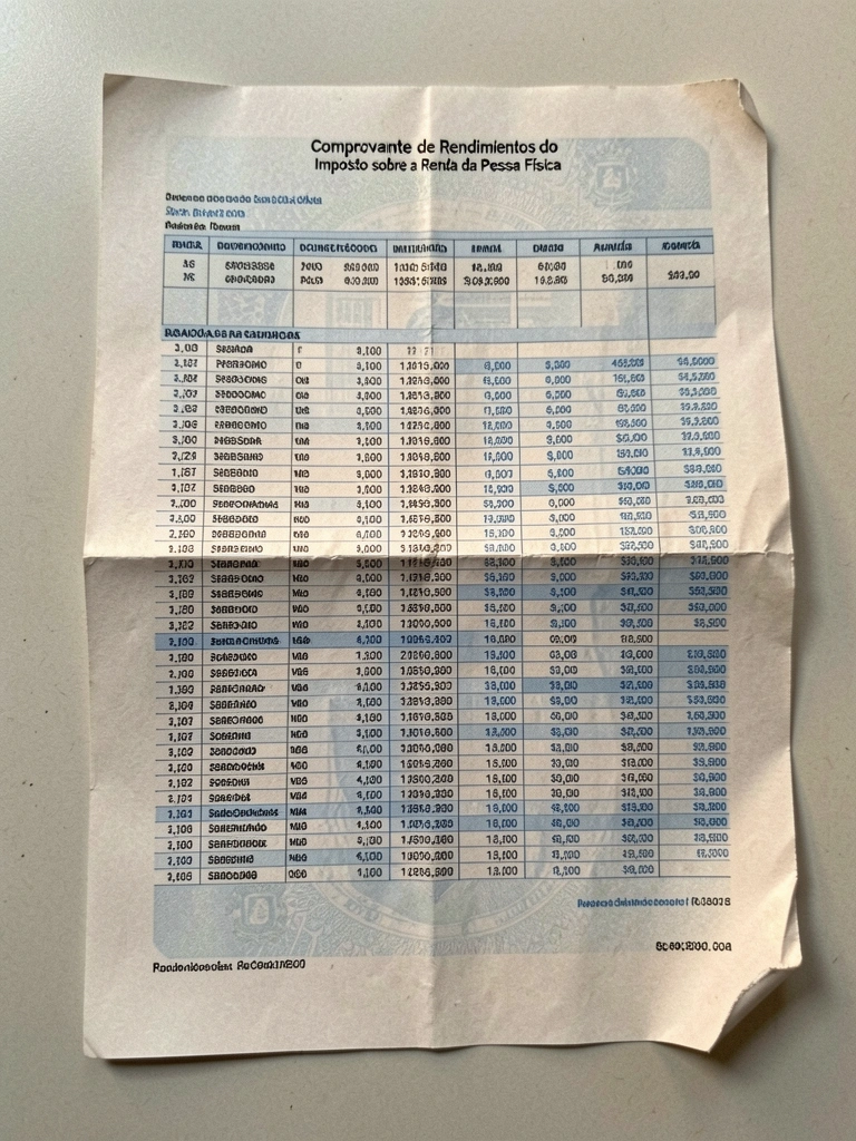 Documento de informe de rendimentos do INSS sobre uma mesa, com caneta e óculos ao lado.