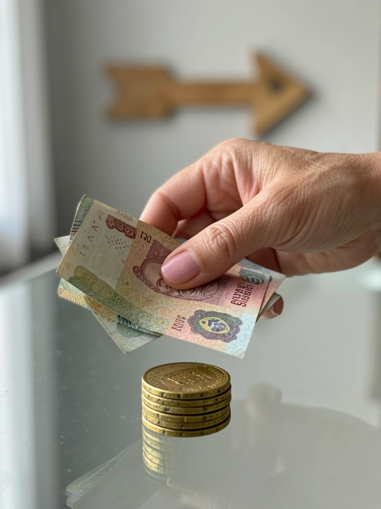 Mãos segurando cédulas com uma seta de tempo ao fundo