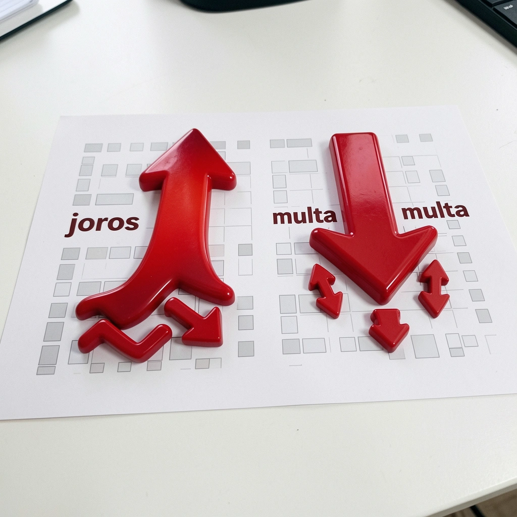 Tabela comparativa com símbolos de porcentagem e alerta, destacando juros e multa.