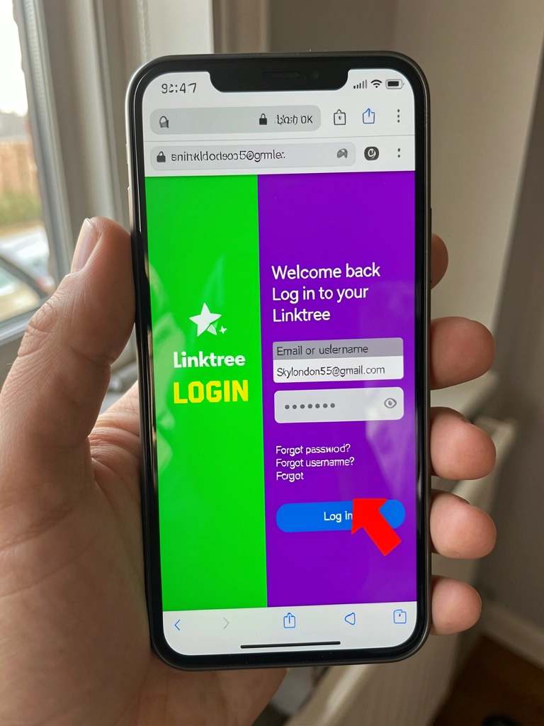 Tela de login do Linktree em navegador, com campo de e-mail e ícone de cadeado ao lado da URL