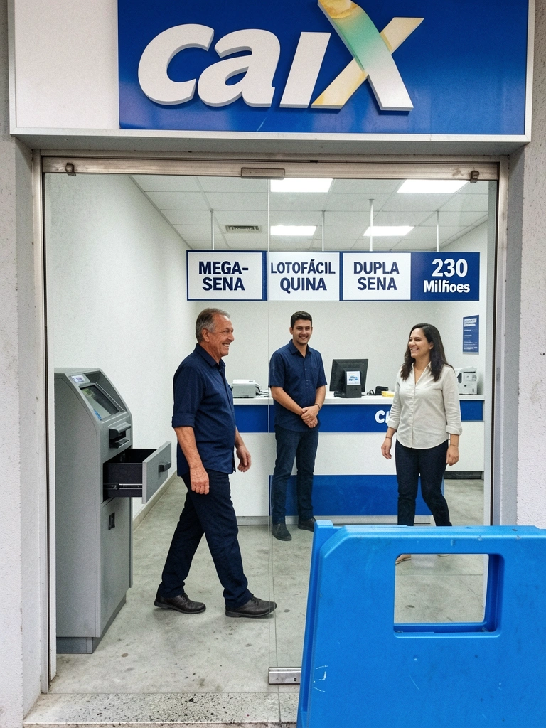 Fachada de lotérica com logotipo da Caixa e clientes na entrada.