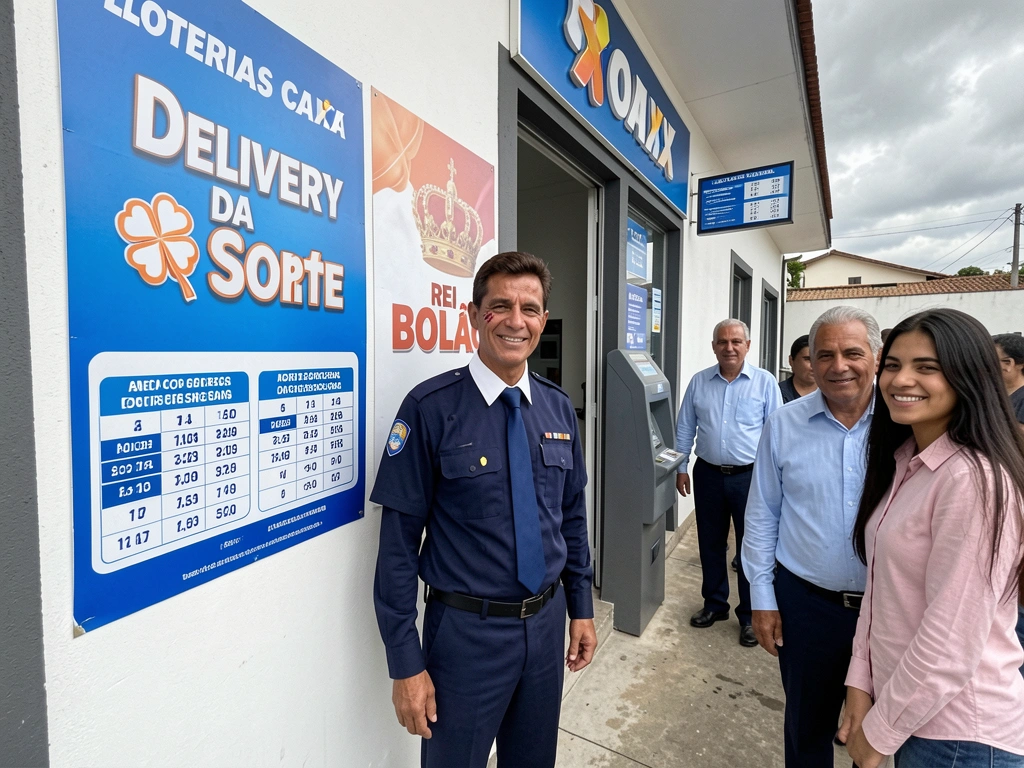 Cartaz fixado em parede com lista de serviços lotéricos, incluindo loterias e pagamentos.