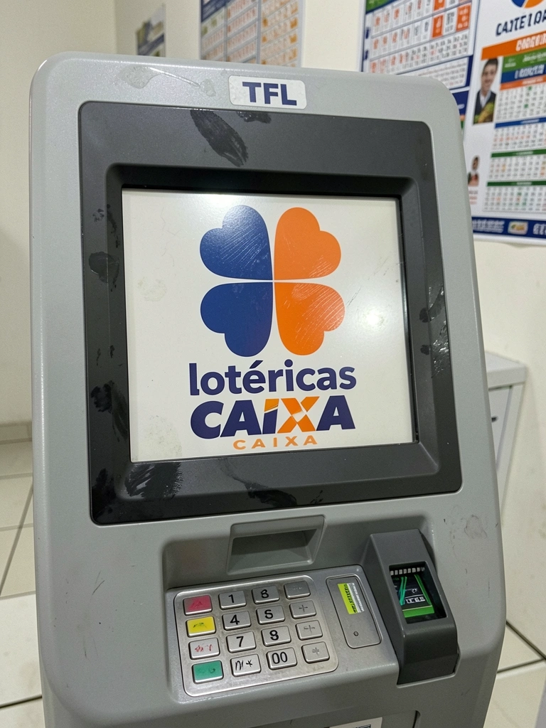 Logotipo da Caixa Econômica Federal ao lado de um terminal TFL em uma lotérica.