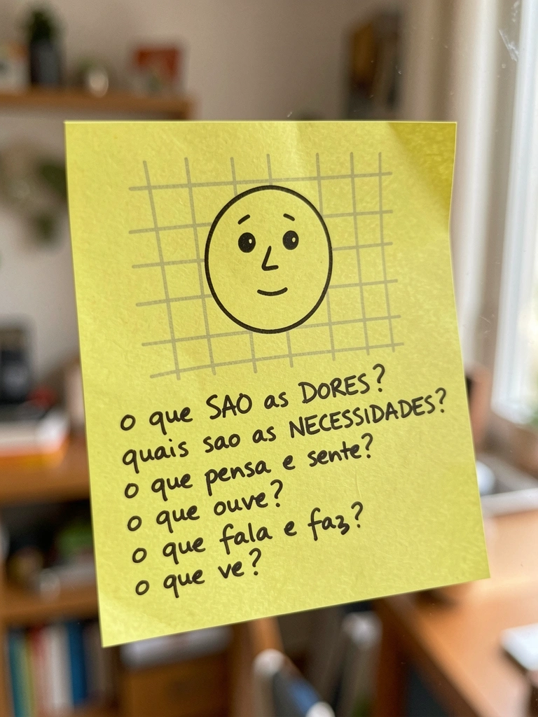 Post-it amarelo com anotações à mão sobre fundo claro desfocado