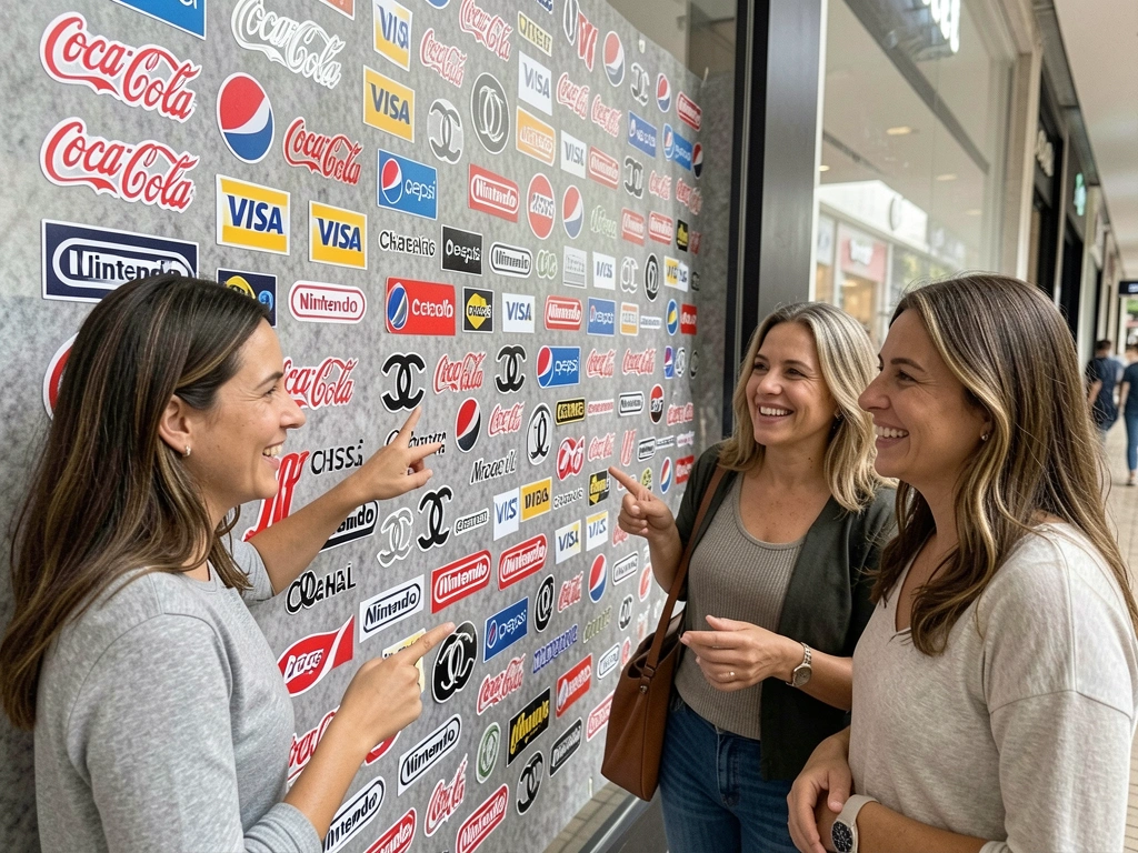Pessoas observando vitrines de lojas de moda com logos famosos