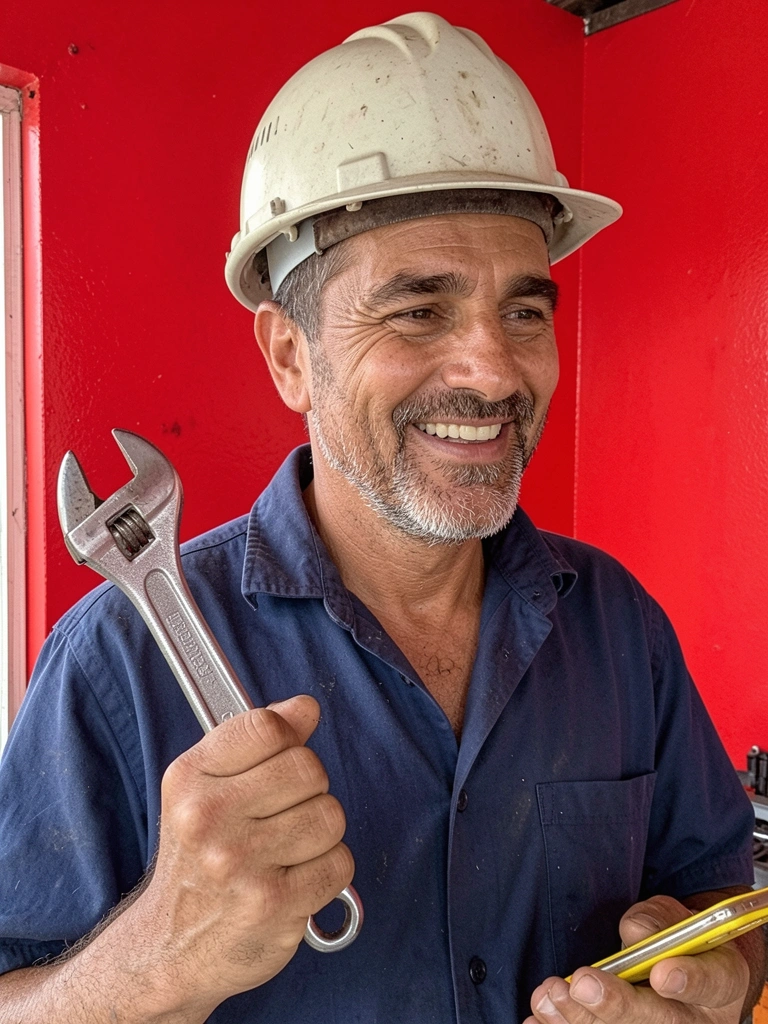 Homem de uniforme azul usando furadeira em parede branca de sala residencial.