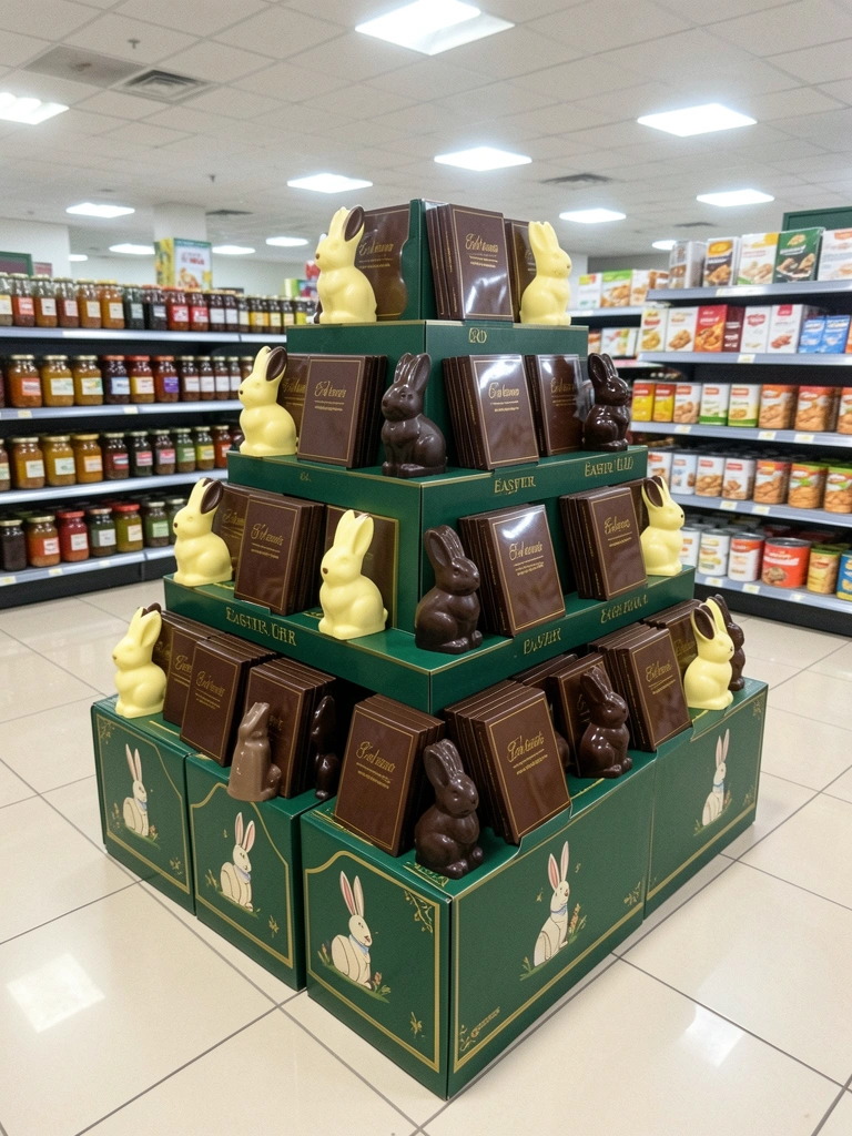 Vitrine planejada com produtos organizados em diferentes níveis e iluminação direcionada