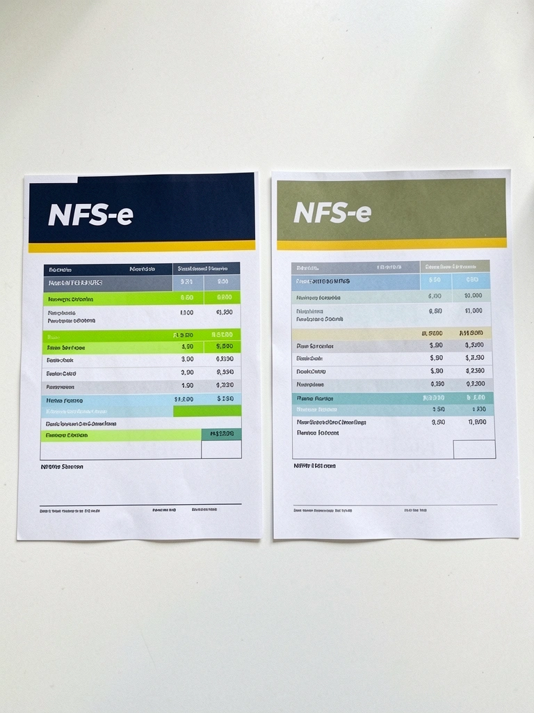 Dois modelos de nota fiscal de serviços lado a lado, um em layout antigo e outro moderno, sobre fundo claro.