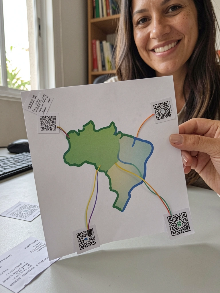 Mapa do Brasil com pontos de conexão e notas digitais sobrepostas