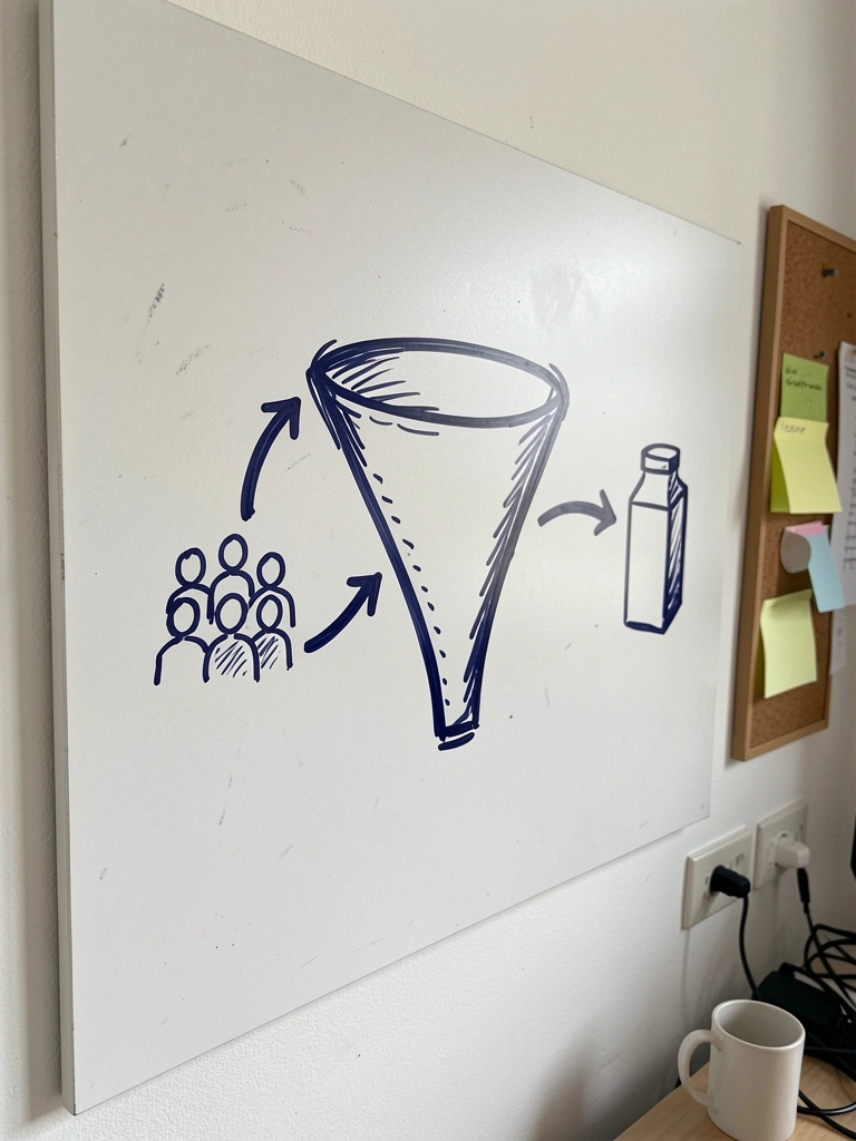 Quadro branco com funil desenhado à mão, setas ligando palavras e um ímã de geladeira
