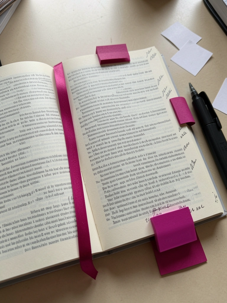 Livro de administração de marketing aberto sobre mesa, com anotações à caneta nas margens e uma caneta ao lado.