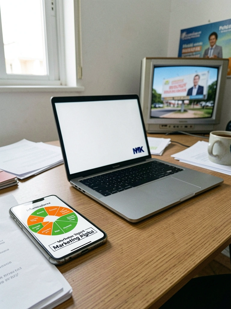 Mesa de trabalho com celular, notebook, TV e outdoor em miniatura, representando mídias digitais e tradicionais