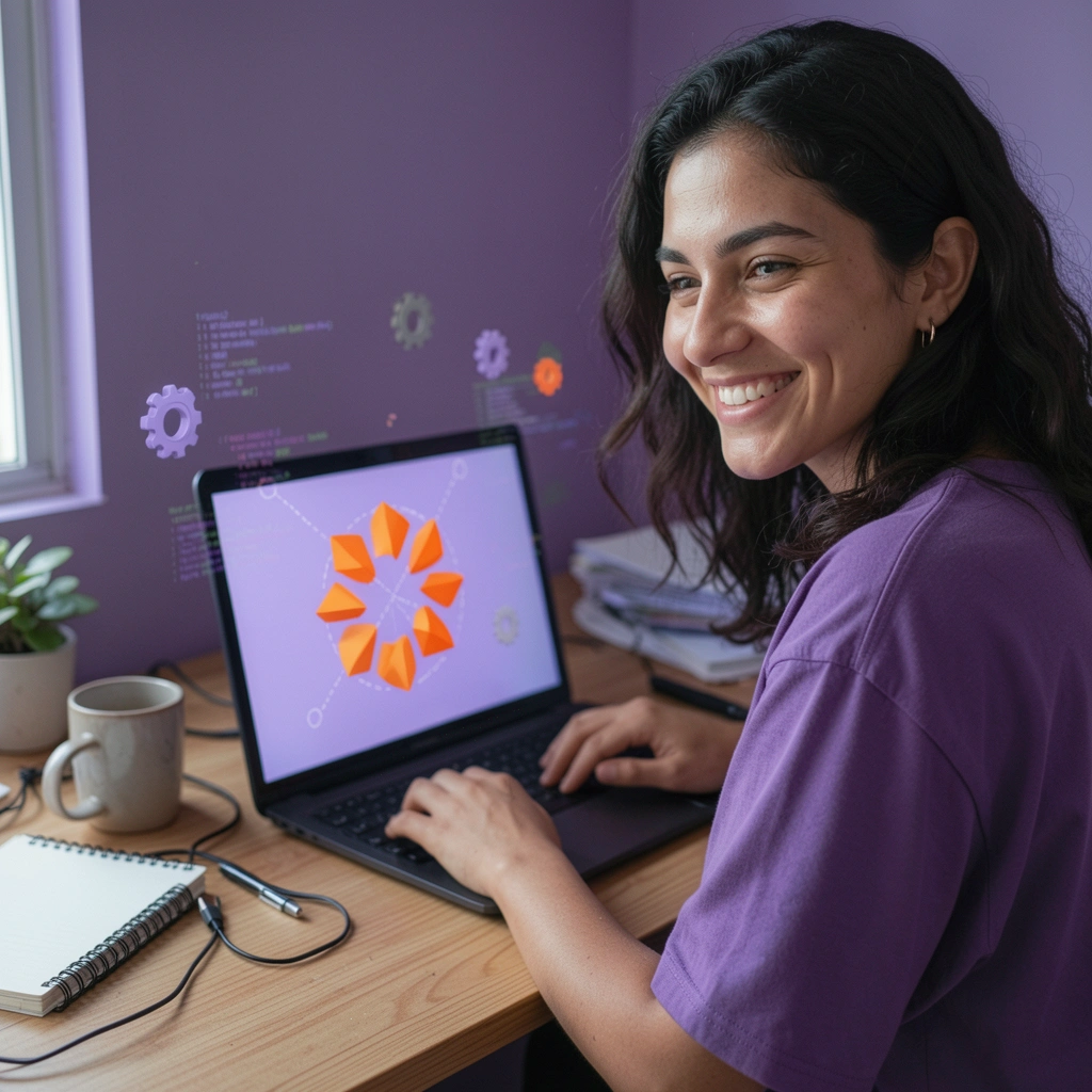 Pessoa sentada em frente a um notebook com ícones de engrenagem e linhas de código flutuando ao redor da tela