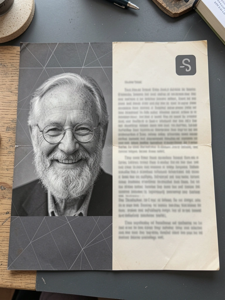 Retrato em preto e branco de John Tukey, com um artigo científico sobre software ao fundo.