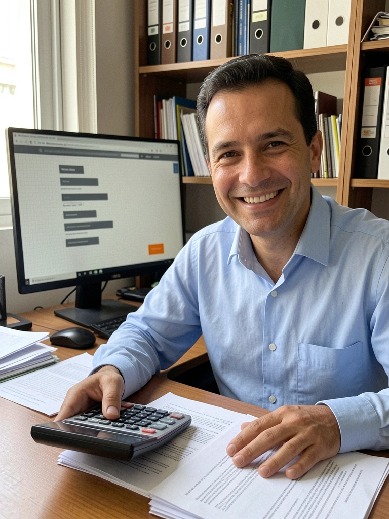 Empresário sorridente em escritório, segurando documentos e calculadora sobre a mesa