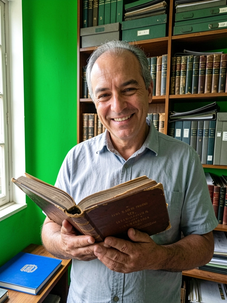 Pesquisador folheia documentos antigos em arquivo com livros de leis brasileiras