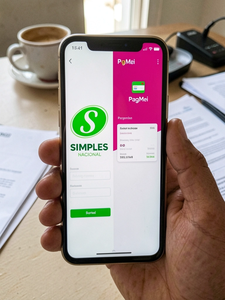 Comparação lado a lado entre a interface do PGMEI do governo e do PagMei privado em uma tela dividida.
