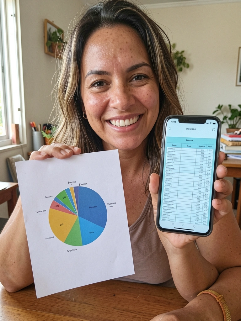 Pessoa sorridente segurando um gráfico de pizza ao lado de um celular