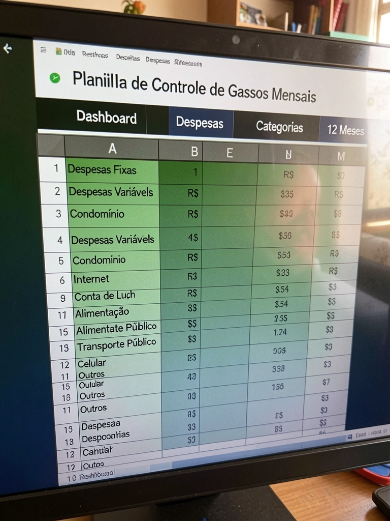Captura de tela de planilha de gastos com abas Dashboard, Receitas, Despesas, Categorias e 12 Meses