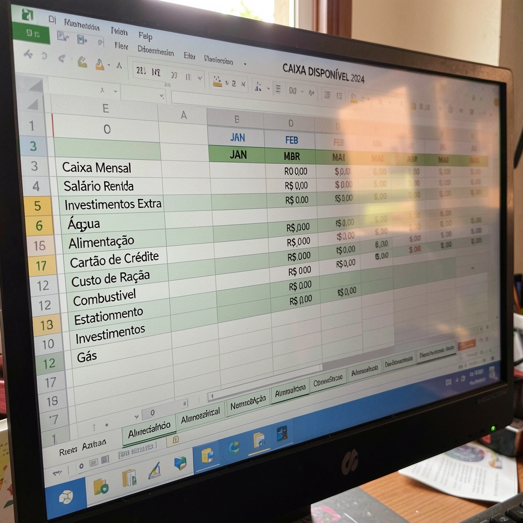 Monitor exibindo abas de uma planilha financeira com gráficos e números