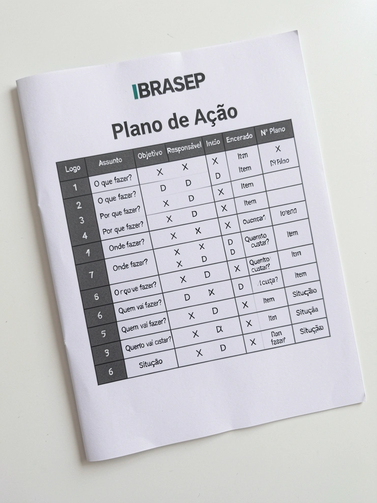 Anotações de plano de ação com colunas 5W2H em caderno