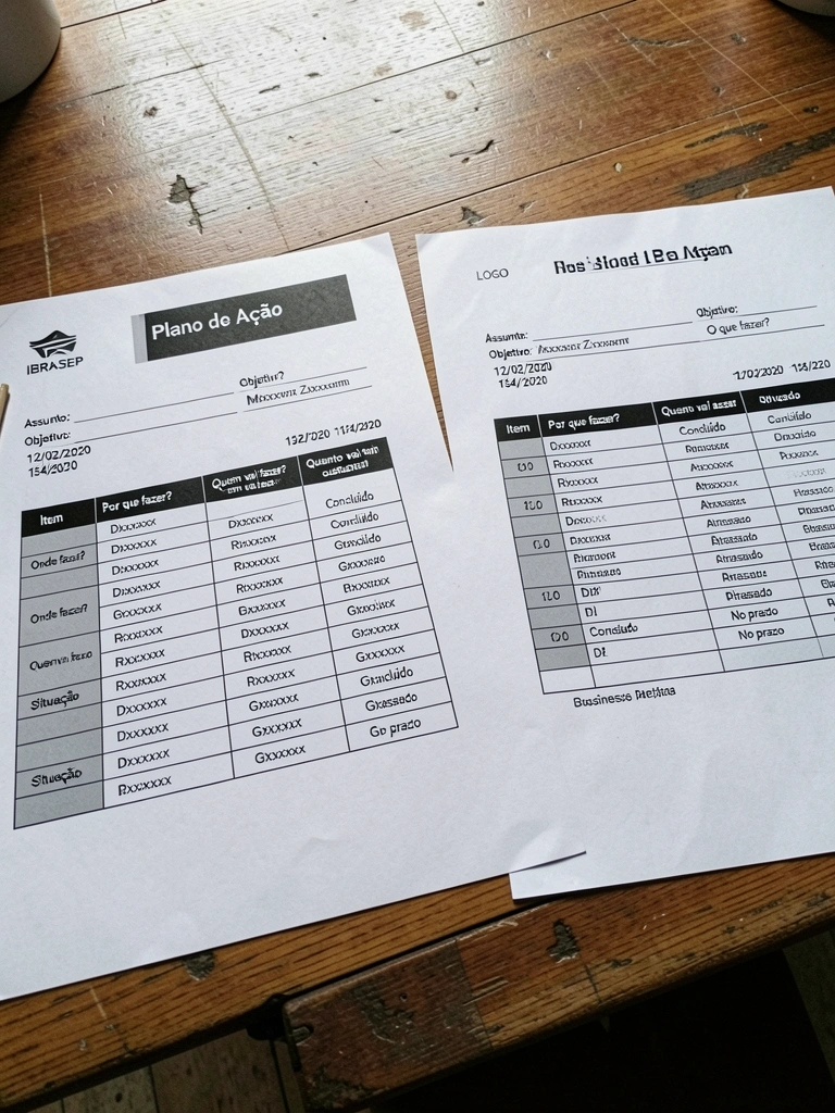 Comparação lado a lado entre um documento de ação e um documento de negócios, com listas de itens e gráficos simples.
