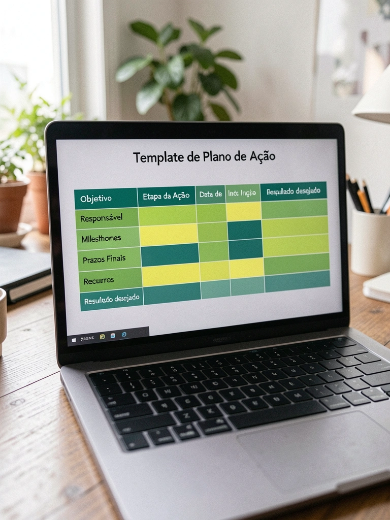 Caderno aberto com plano de ação escrito à mão, caneta ao lado, sobre mesa de madeira clara