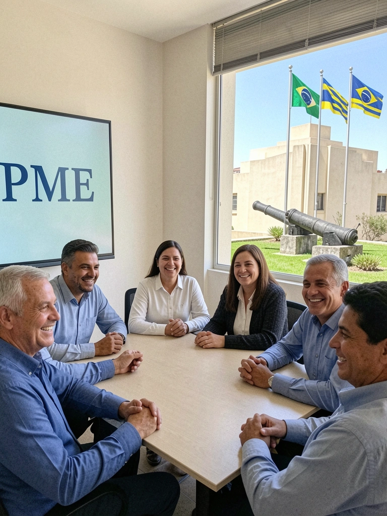 Grupo de empresários em sala de reunião assistindo a apresentação com a sigla PME em uma tela.