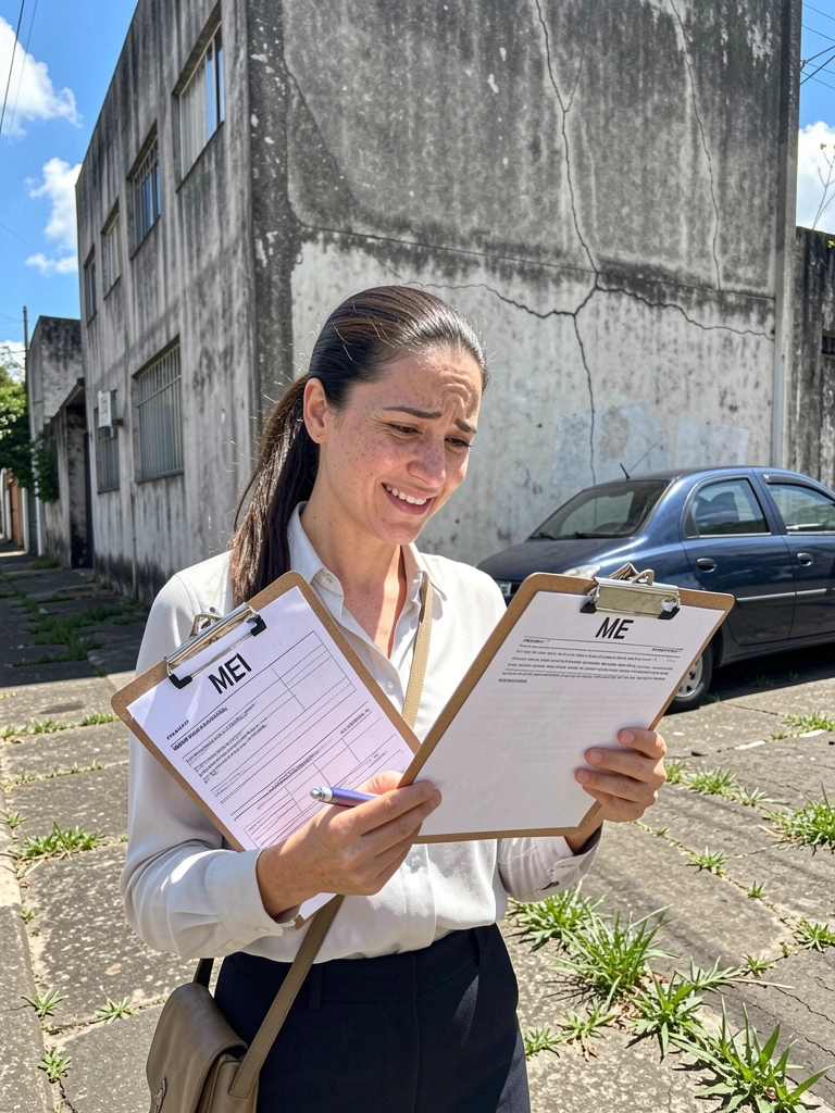 Mulher segurando duas pranchetas, uma com a sigla MEI e outra com ME, em ambiente de escritório