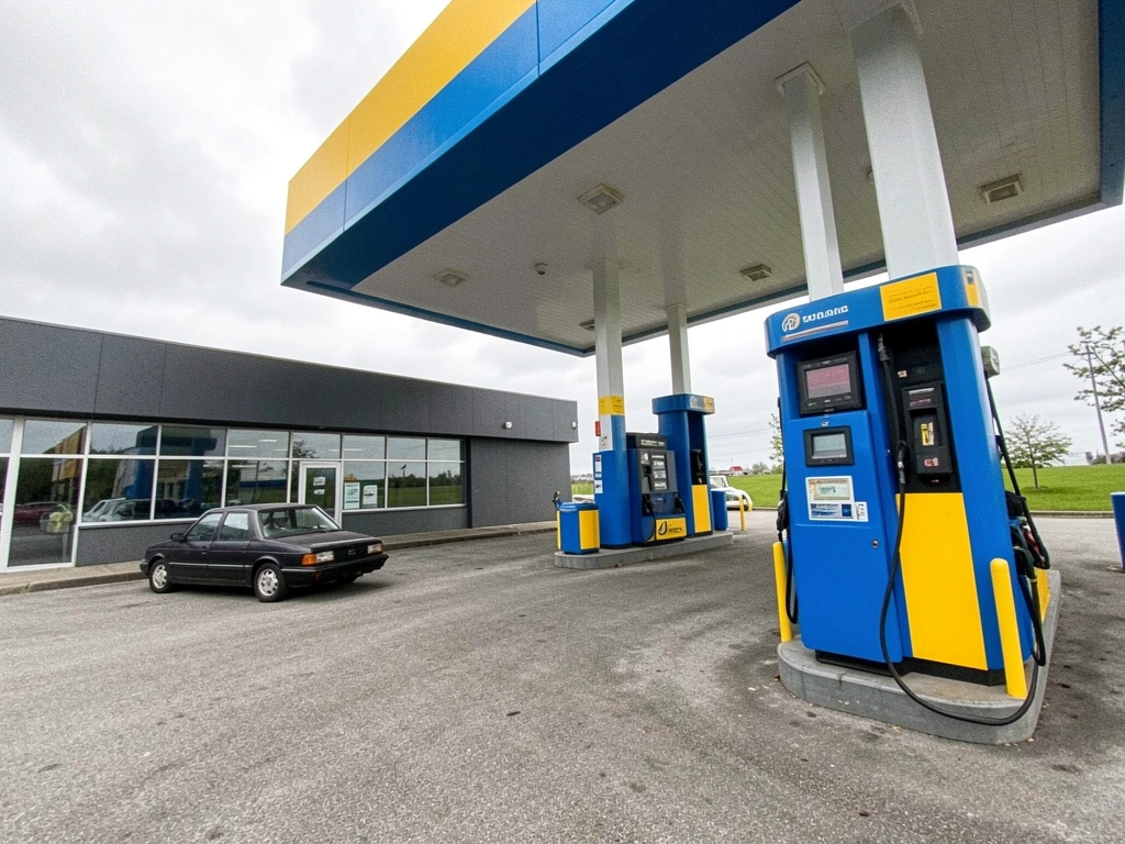 Posto de gasolina moderno com bombas em primeiro plano e loja de conveniência ao fundo.