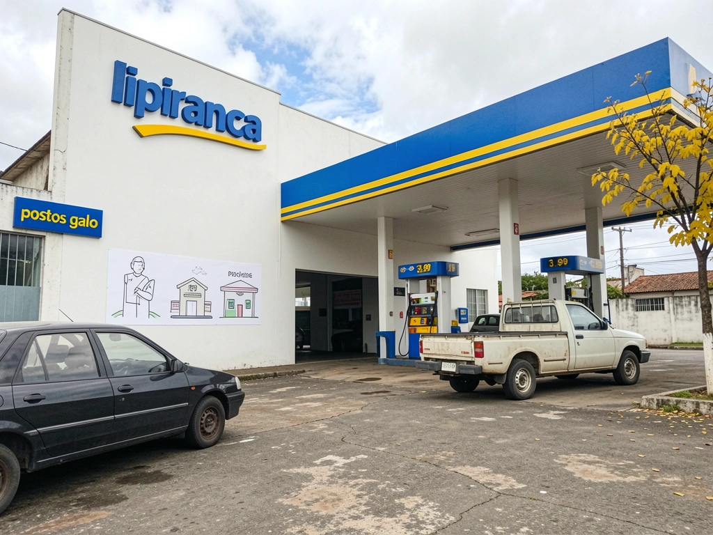 Cartaz com ilustrações de posto de saúde, policial e de gasolina, cada um com sua cor característica.