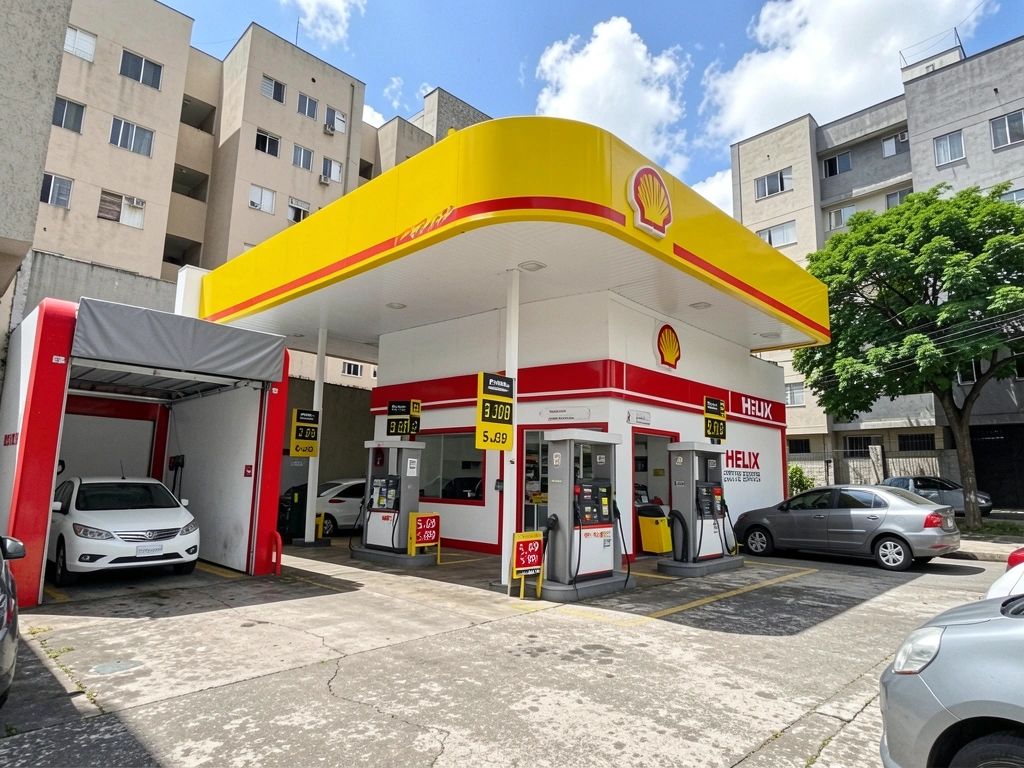 Ilustração de posto de combustível com bombas, área de troca de óleo e loja de conveniência.
