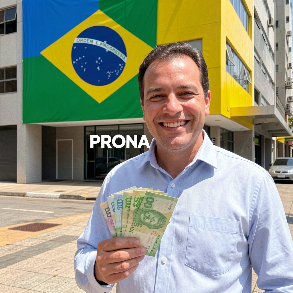 Empresário sorrindo segurando dinheiro, com prédios comerciais ao fundo.