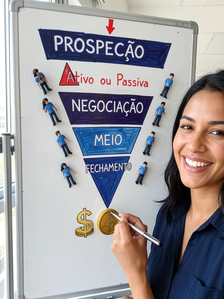 Funil de vendas com base larga no topo, estreitando para baixo, com a palavra 'prospecção' destacada na parte superior.