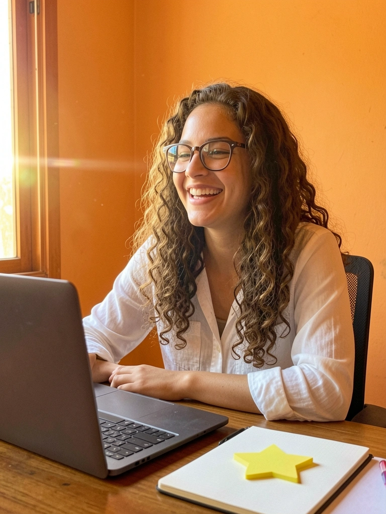Pessoa sorrindo, usando óculos e camisa social, sentada em escritório moderno com notebook e café sobre a mesa.