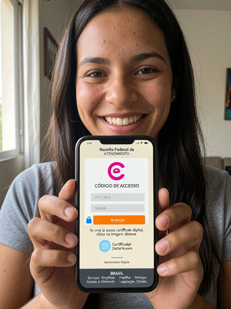 Pessoa segurando smartphone com o símbolo da Receita Federal na tela