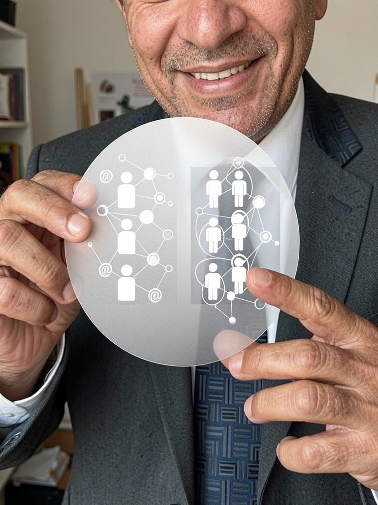 Diagrama com duas colunas lado a lado, uma com ícones de pessoas e outra com lista de verificação e lupa