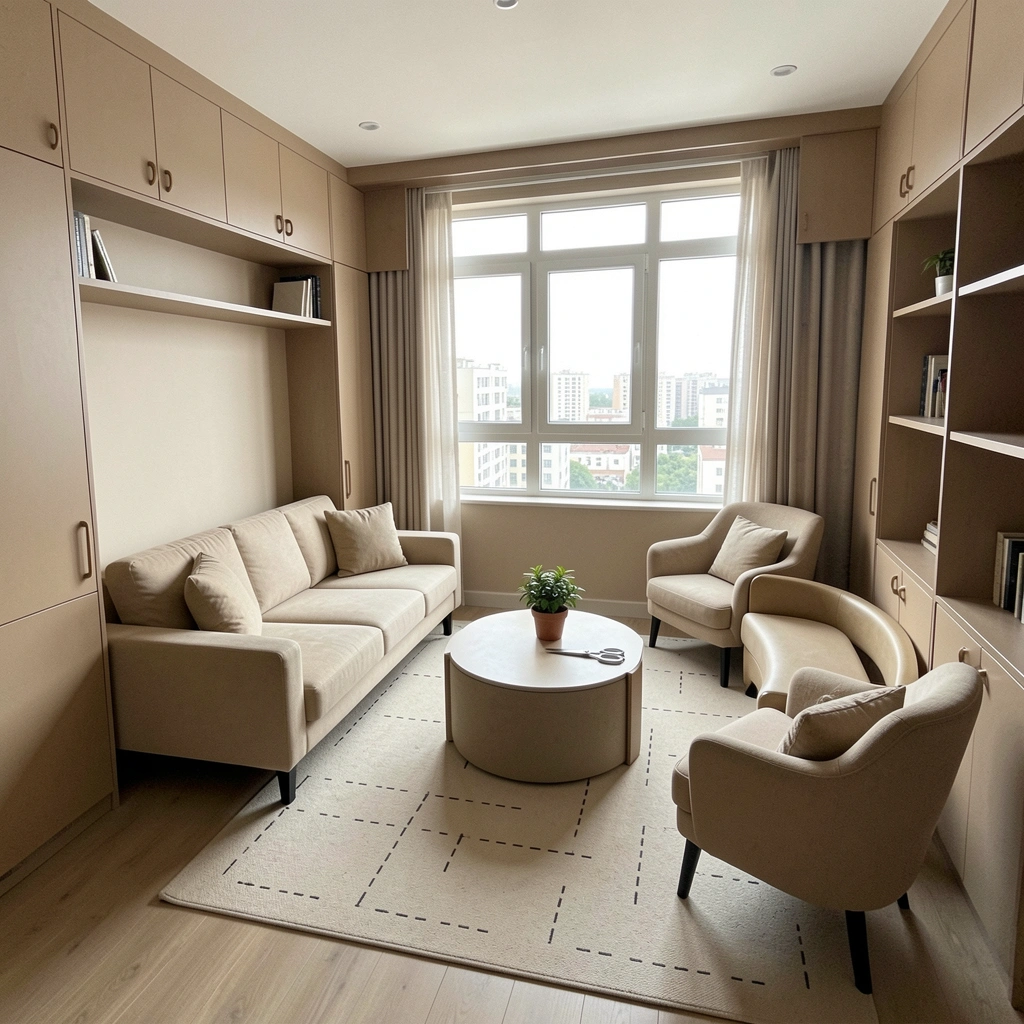 Apartamento compacto com móveis planejados e ampla janela, iluminação natural, sofá e mesa de centro.