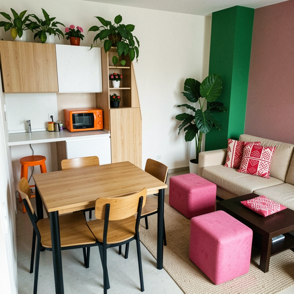 Conjunto de móveis multifuncionais em studio: sofá-cama, mesa dobrável e estante modular em espaço compacto.