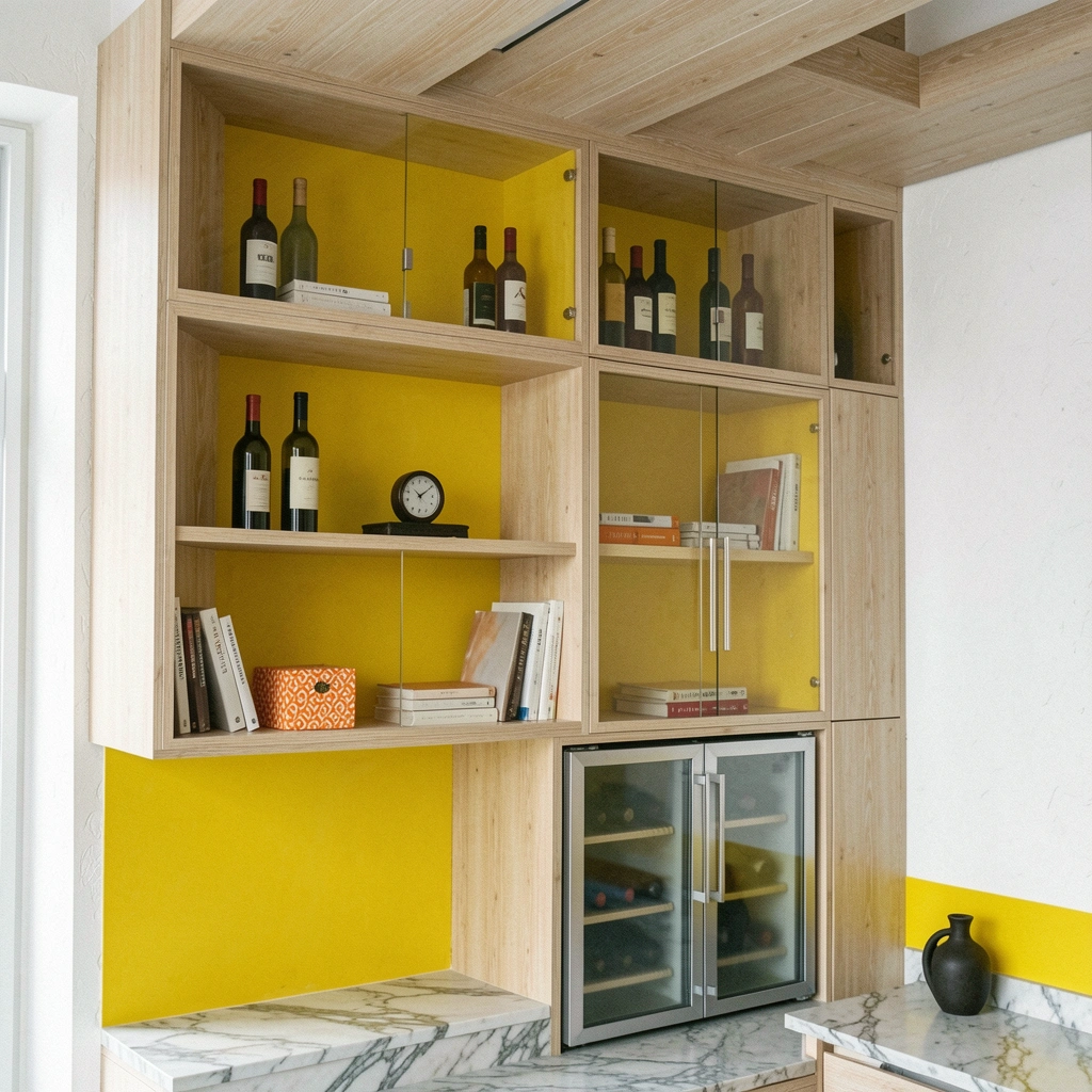 Prateleiras altas ocupando toda a parede, repletas de livros e objetos decorativos.