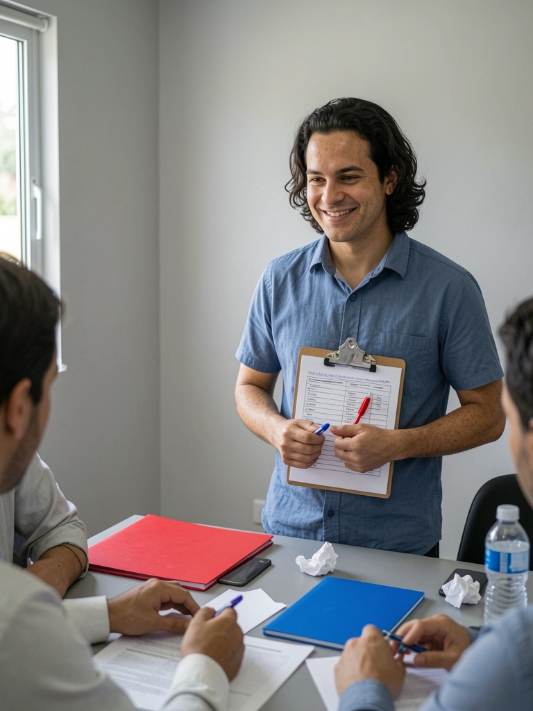Homem de camisa social segura prancheta e observa gráficos em uma tela durante uma reunião.