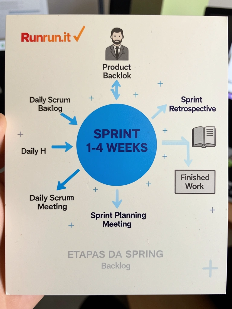 Diagrama de ciclo de sprint com setas circulares e marcações de time-box.