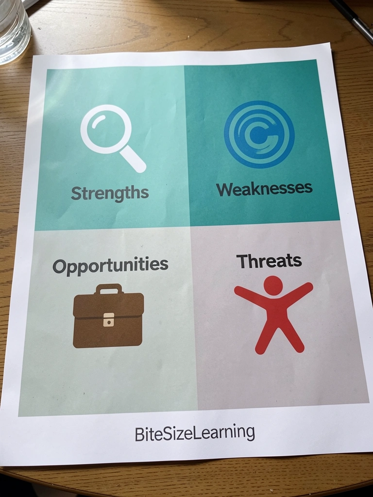 Matriz SWOT com quadrantes coloridos, ícone de lupa no canto superior e ícone de alvo no centro.